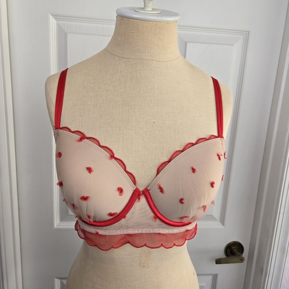 Victoria's Secret Dream Angels Nude Lined Demi‎ Bra With Red Embroidery Size 34D